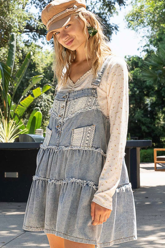 Dream On Denim + Crochet Tiered Overall Mini Dress (2 Colors)