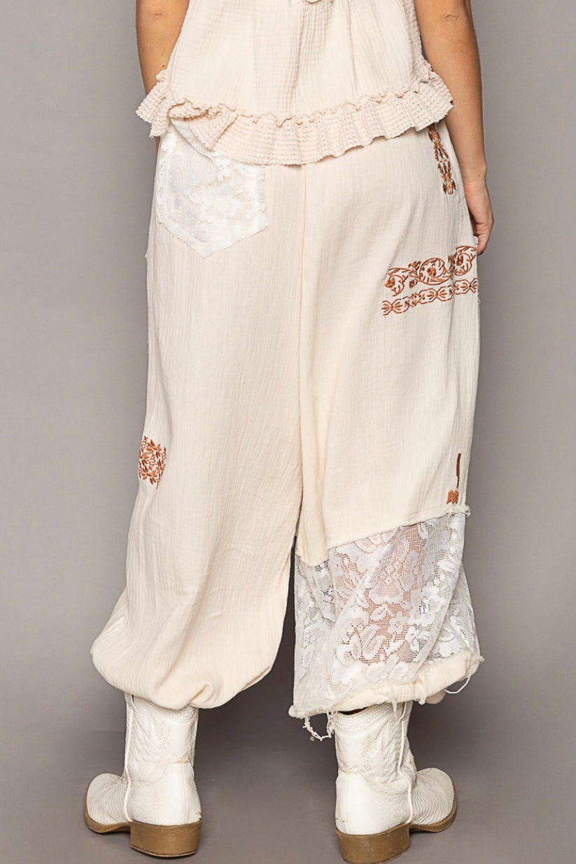 I’m So Fly Gauze + Lace Embroidered Slouchy Jogger Pants
