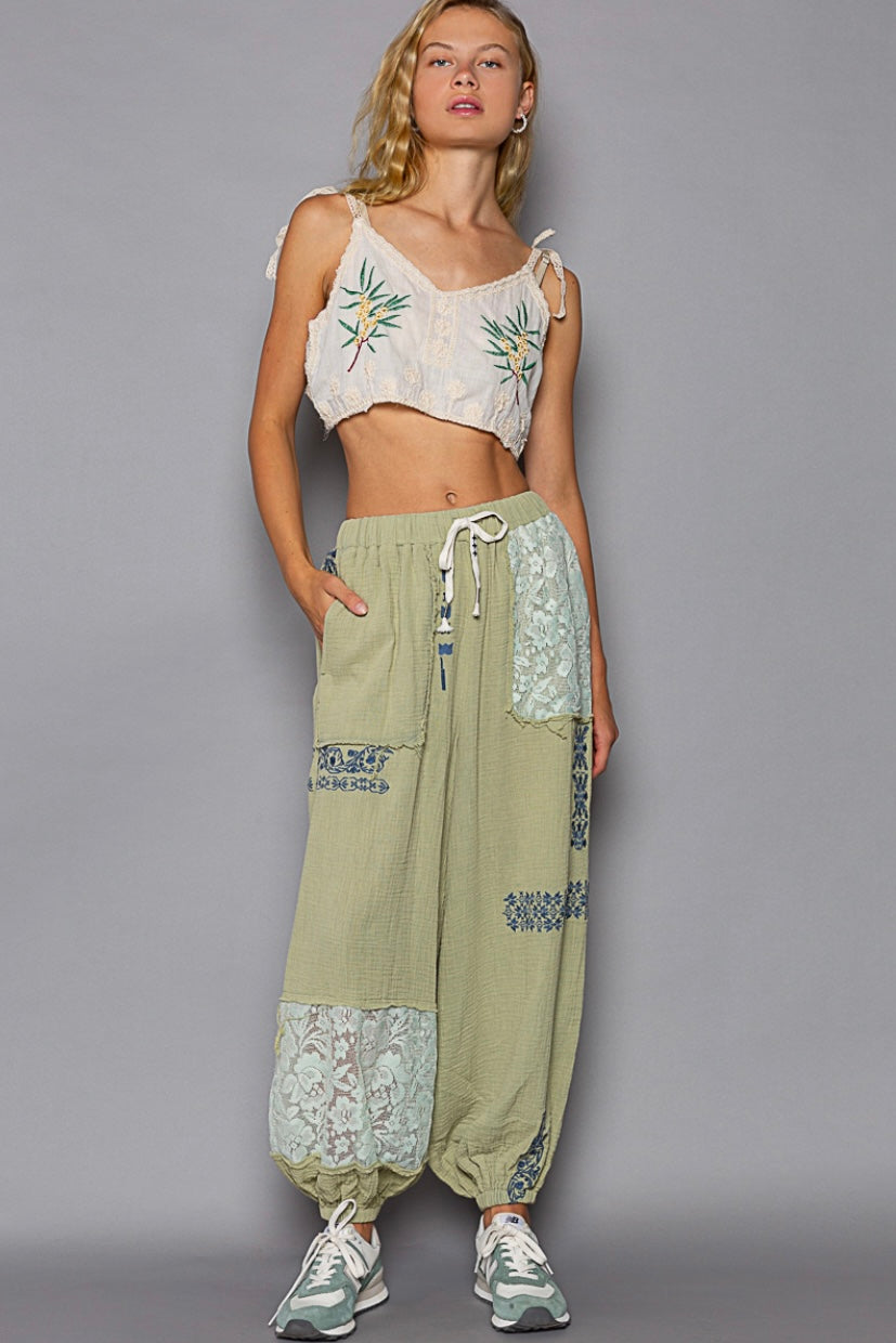 I’m So Fly Gauze + Lace Embroidered Slouchy Jogger Pants