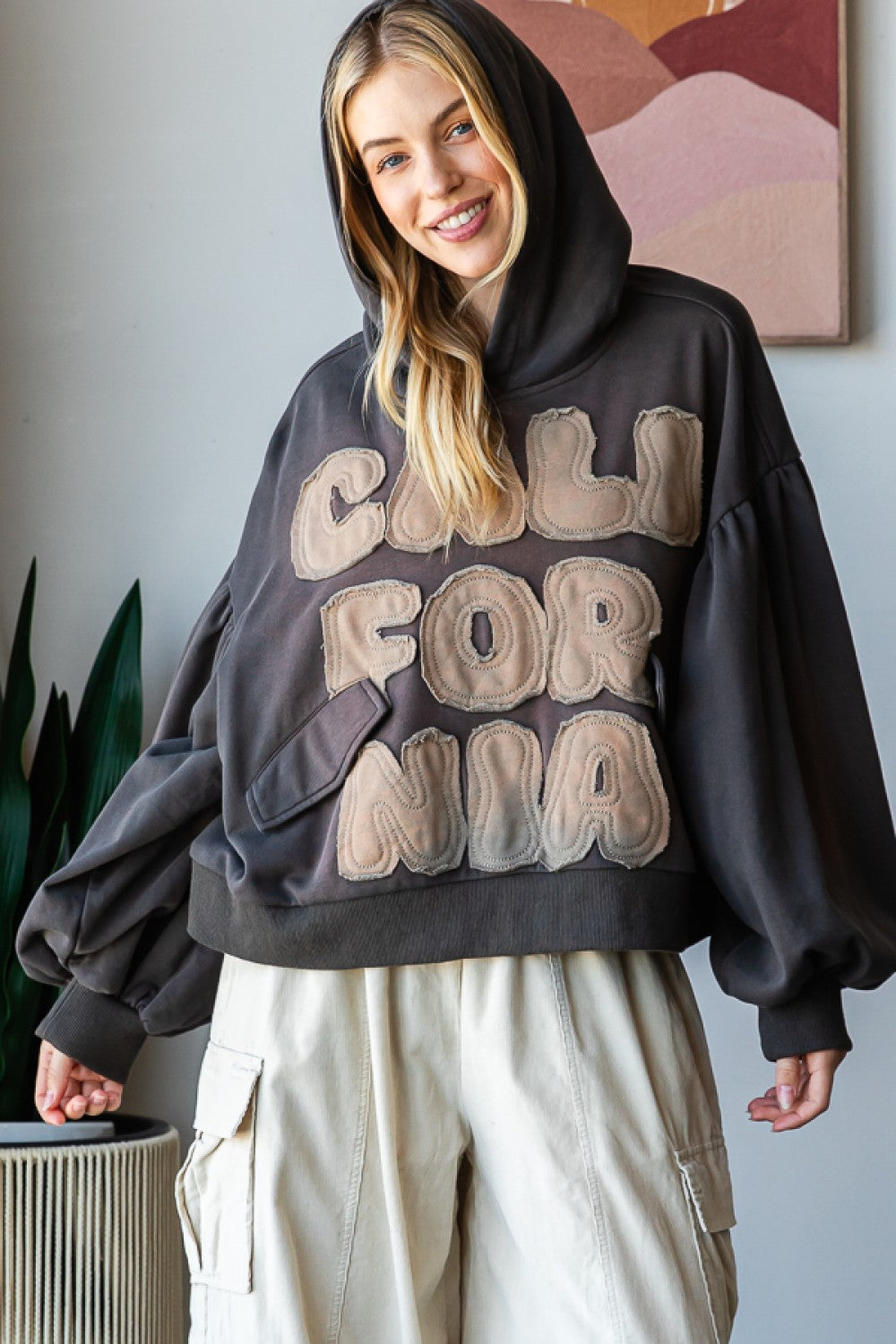 Going Back To Cali Washed Oversized Letter Patch Hoodie