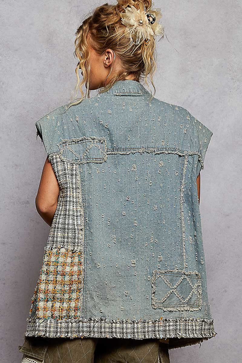 The Cool Kids Textured Denim Patchwork Vest