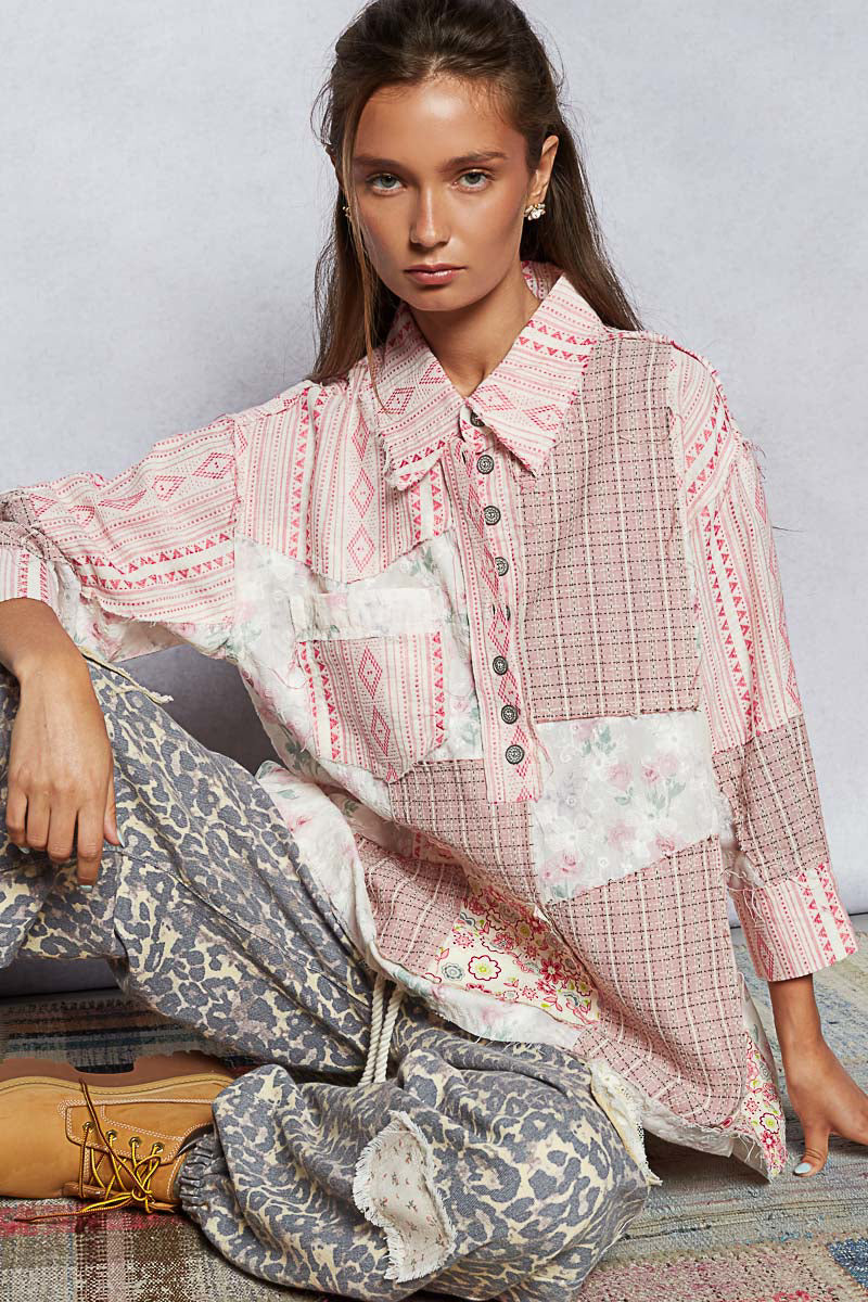 Patch Me If You Can Floral Long Sleeve Collared Shirt