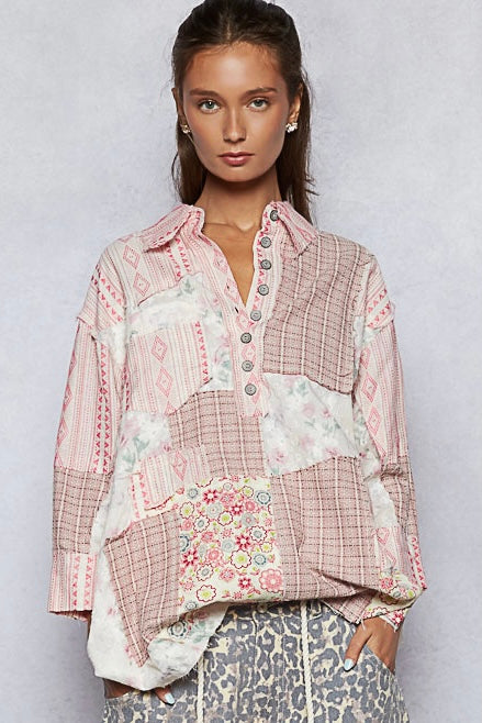 Patch Me If You Can Floral Long Sleeve Collared Shirt