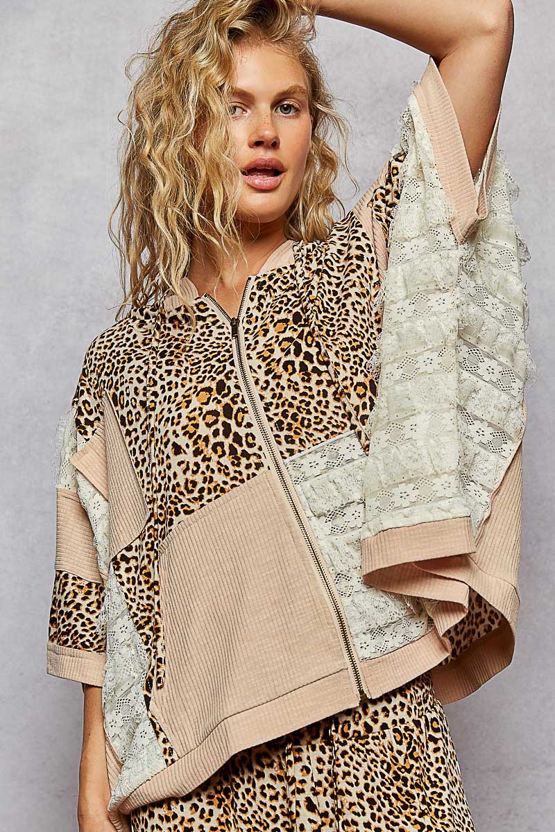 Iconic Leopard + Lace Patchwork Zip Up Hoodie