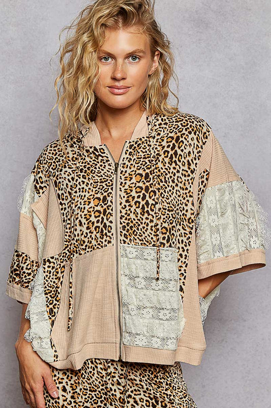 Iconic Leopard + Lace Patchwork Zip Up Hoodie