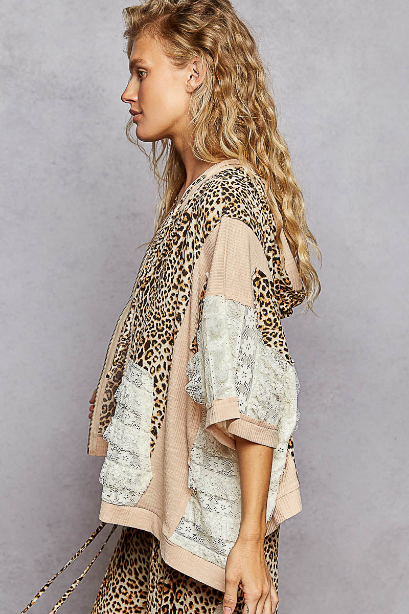 Iconic Leopard + Lace Patchwork Zip Up Hoodie