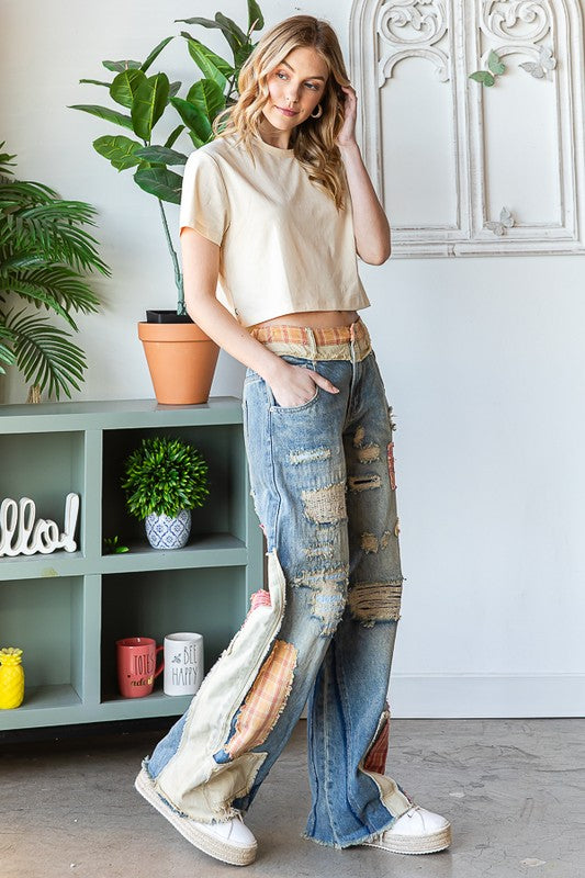 Americana Plaid Patchwork Mineral Washed Wide Leg Jeans