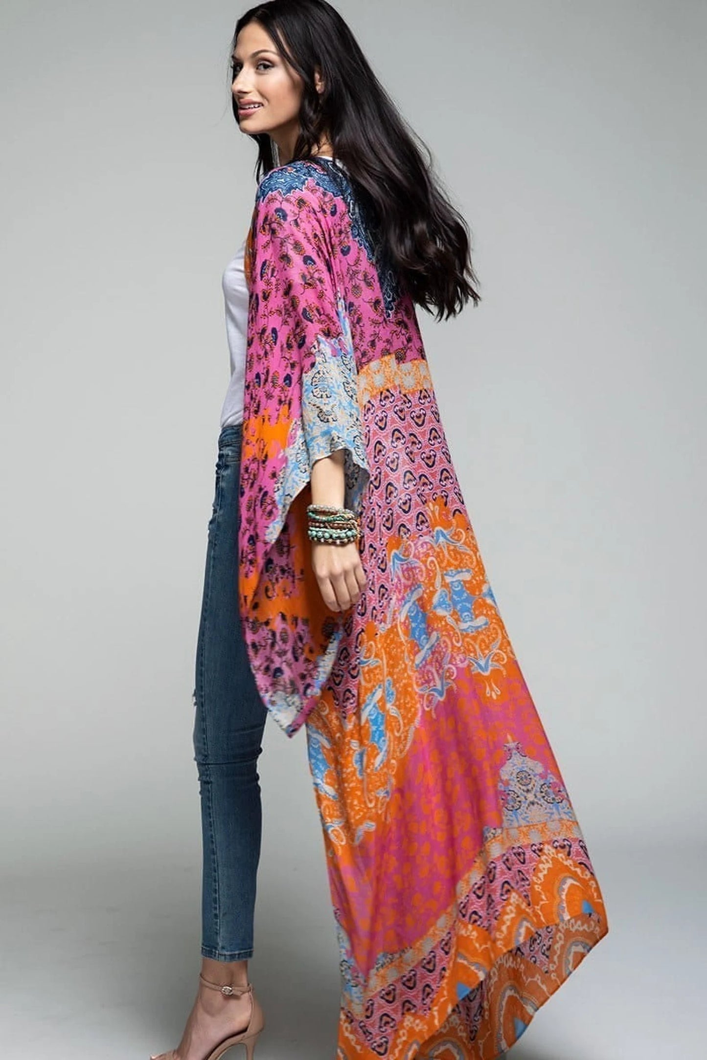 La Jolla Damask Print Longline Maxi Duster Kimono