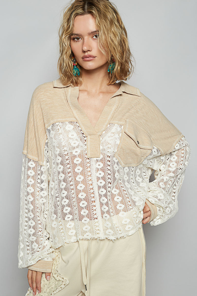 Lucky Charm Split Neck Rib Knit with Lace Top