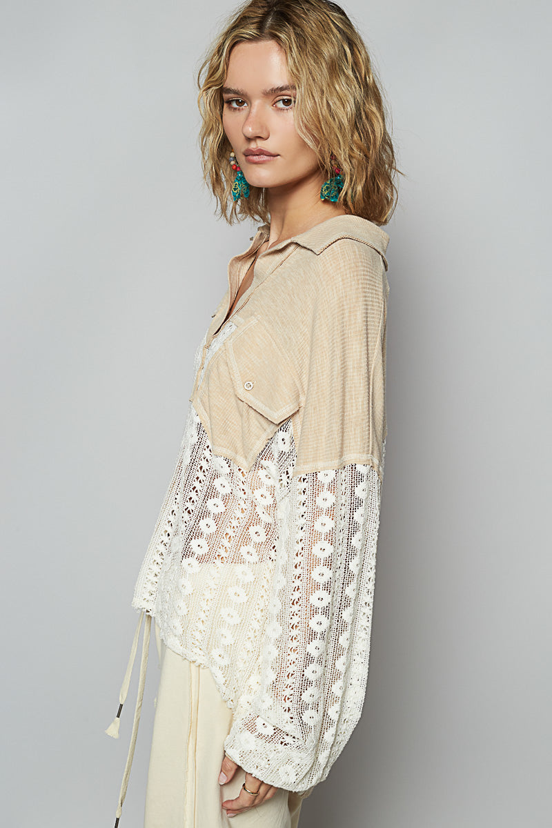 Lucky Charm Split Neck Rib Knit with Lace Top