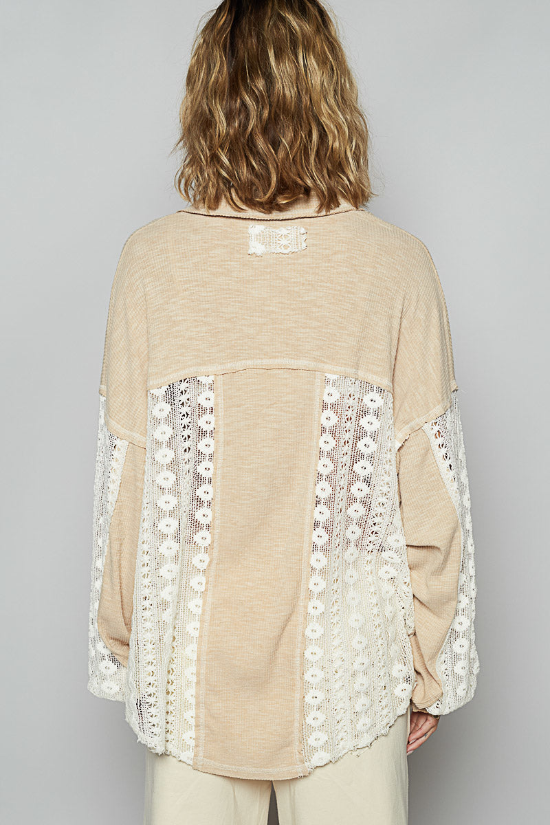 Lucky Charm Split Neck Rib Knit with Lace Top