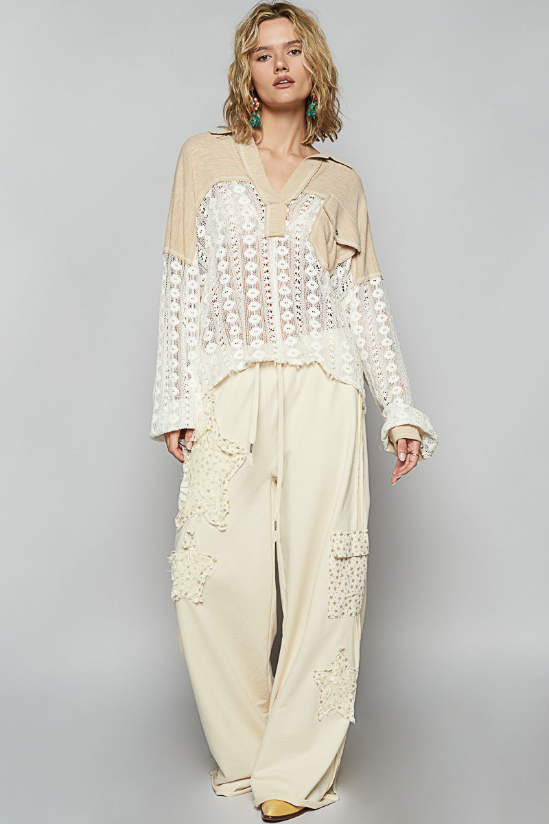 Lucky Charm Split Neck Rib Knit with Lace Top