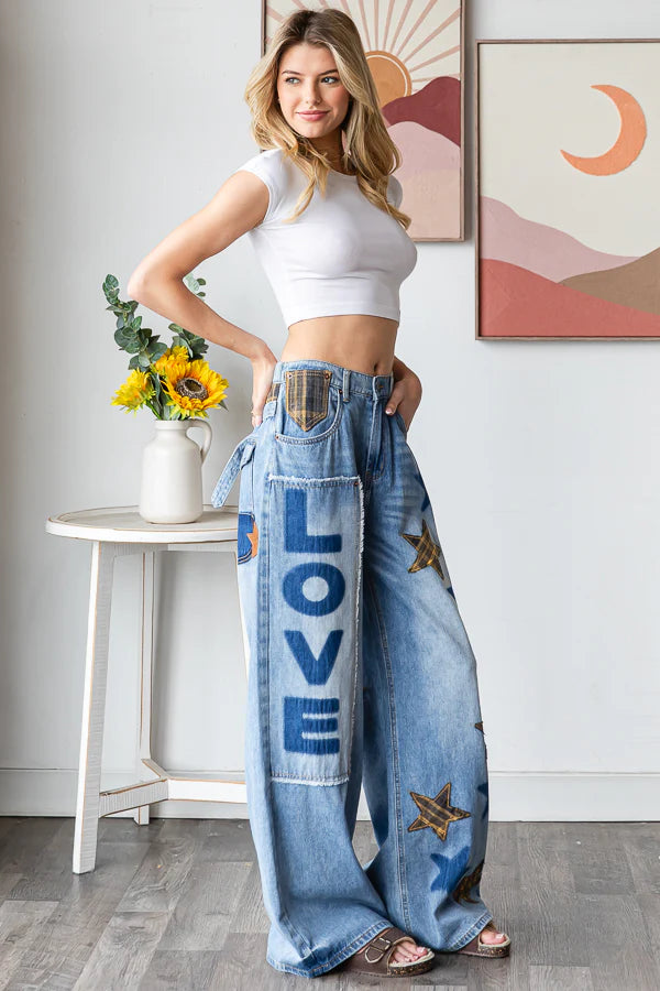 Still Obsessed Washed Stars + Love Patched Jeans (PREORDER)