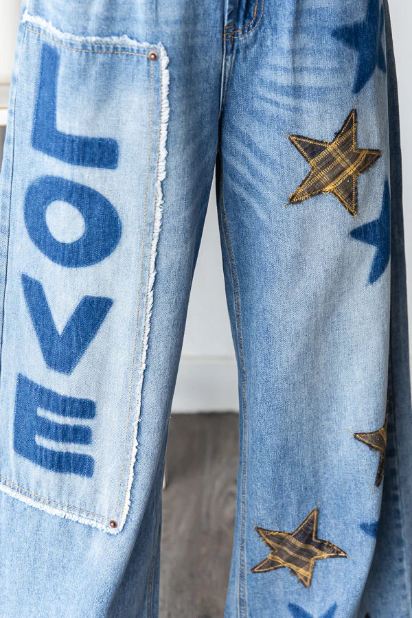 Still Obsessed Washed Stars + Love Patched Jeans (PREORDER)