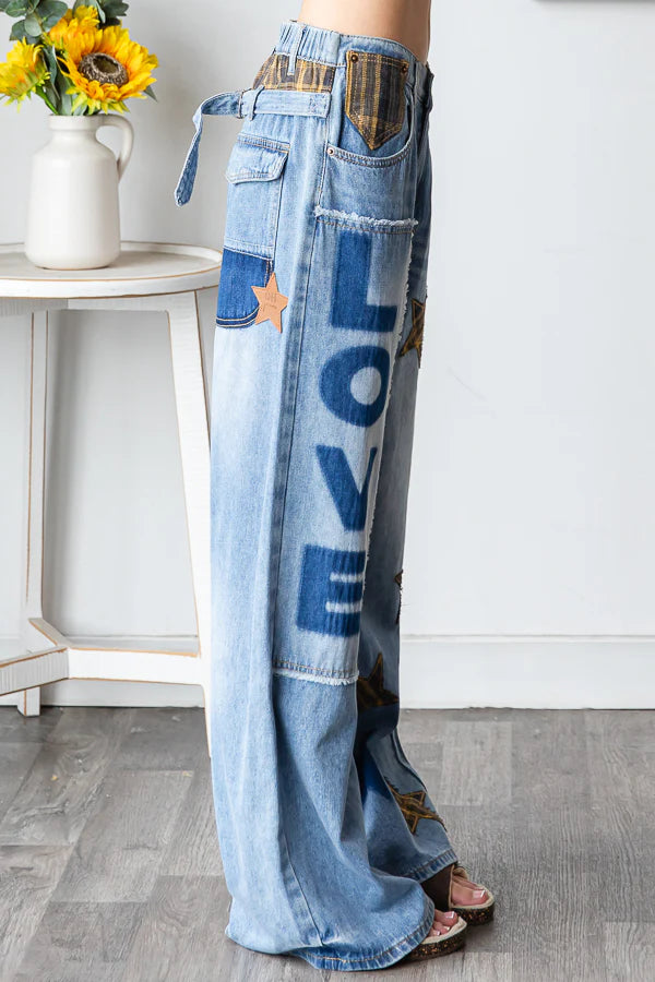 Still Obsessed Washed Stars + Love Patched Jeans (PREORDER)