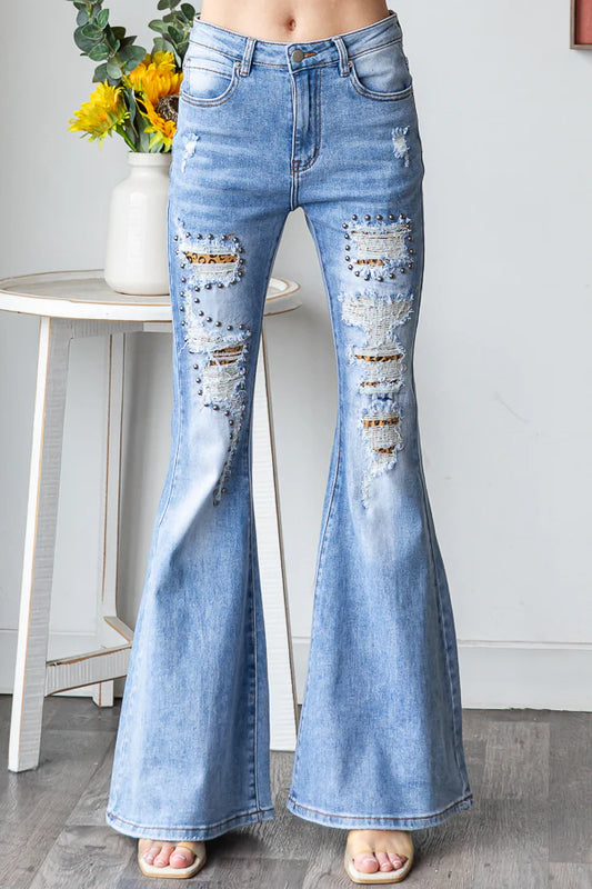 Wildest Dreams Studded Distressed Flare with Leopard (PREORDER)
