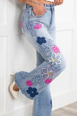 Eye Candy Washed Floral Patched + Embroidered Flares (PREORDER)