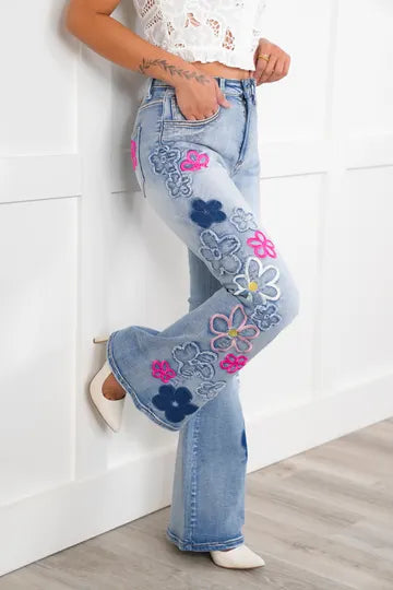 Eye Candy Washed Floral Patched + Embroidered Flares (PREORDER)