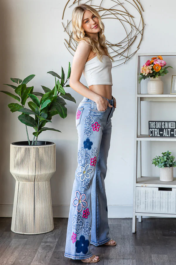Eye Candy Washed Floral Patched + Embroidered Flares (PREORDER)
