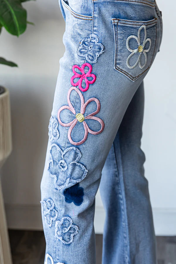 Eye Candy Washed Floral Patched + Embroidered Flares (PREORDER)