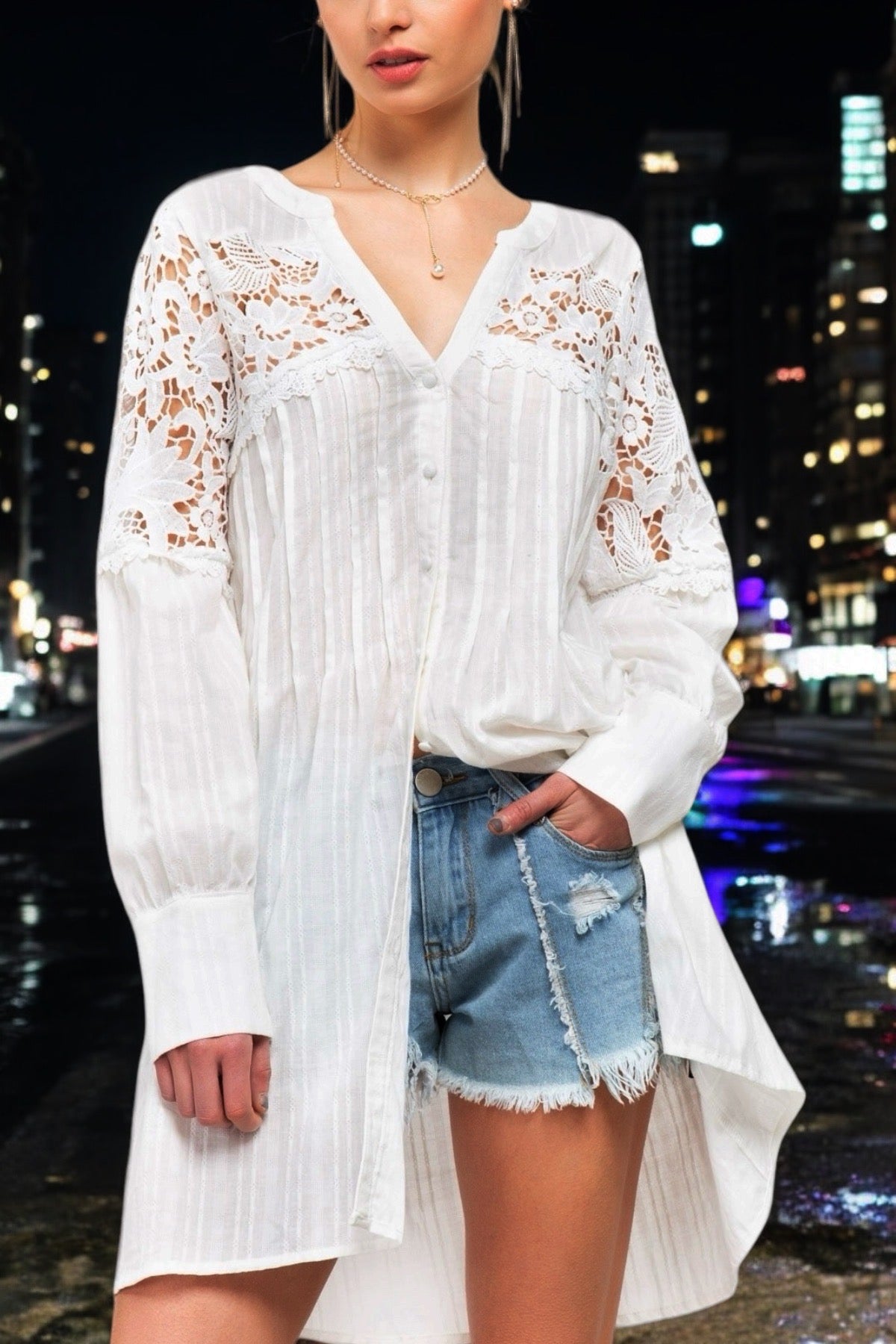 Show Stopper Lace + Pleats Long Sleeve Button Down