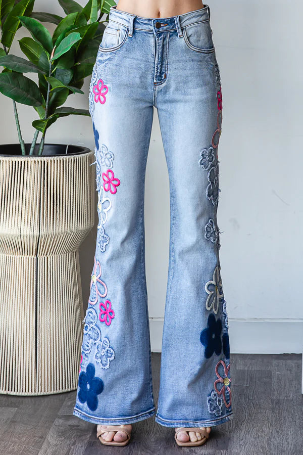 Eye Candy Washed Floral Patched + Embroidered Flares (PREORDER)