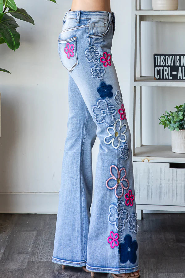Eye Candy Washed Floral Patched + Embroidered Flares (PREORDER)