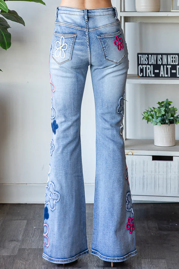 Eye Candy Washed Floral Patched + Embroidered Flares (PREORDER)