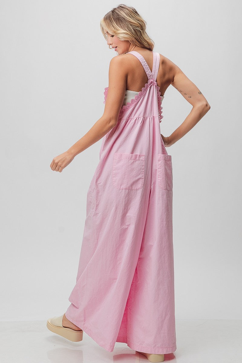 Fancy Me Lace Trimmed Straight Wide Leg Baggy Overalls