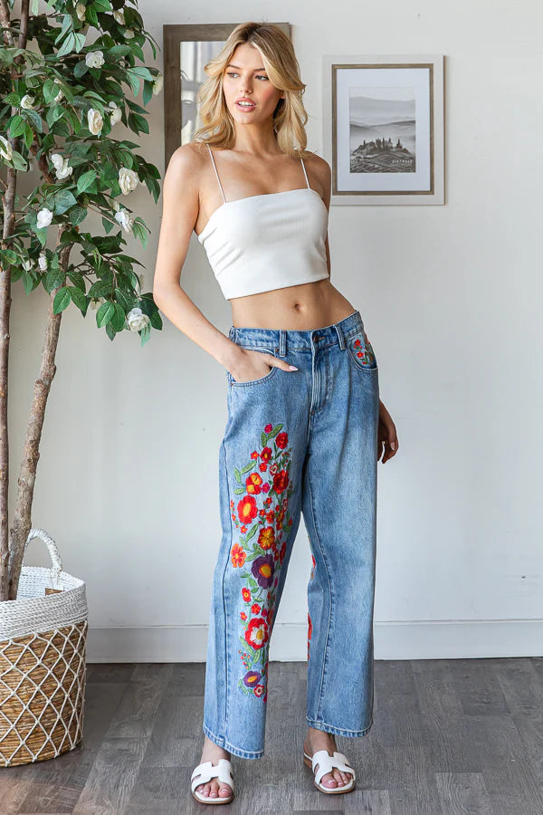 Willow Floral Embroidered Washed Jeans