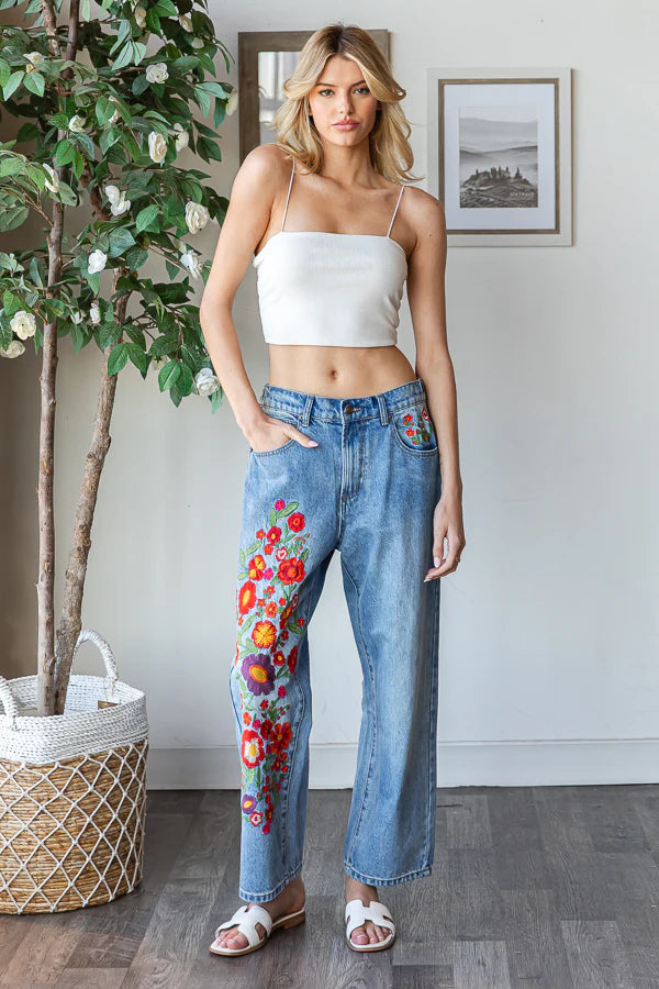 Willow Floral Embroidered Washed Jeans