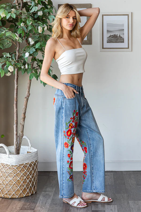 Willow Floral Embroidered Washed Jeans
