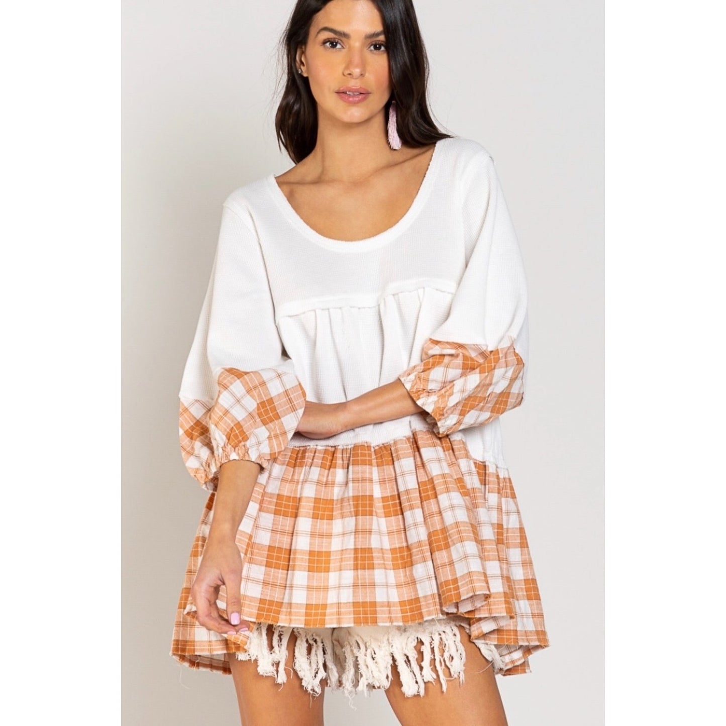 Shades Of Fall 3/4 Sleeve Plaid + Rib Knit Tiered Tunic