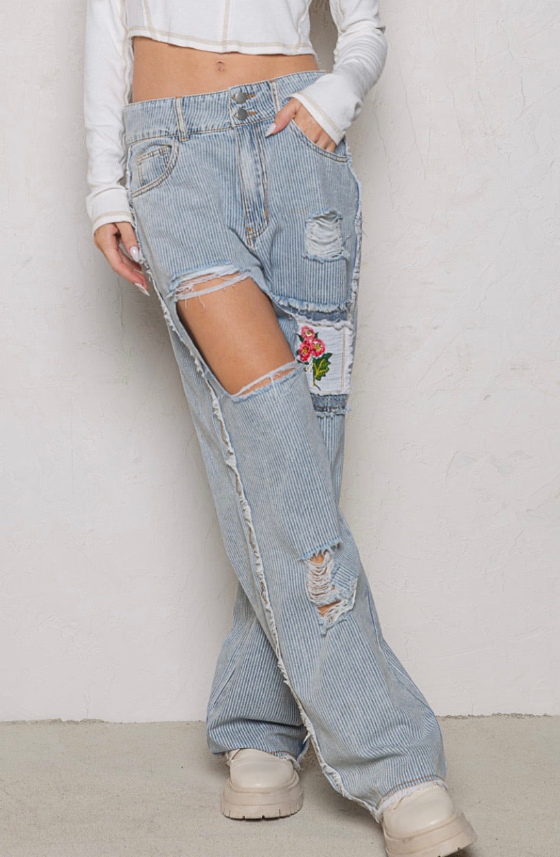 Spring Fling Flower Patch Distressed Pinstriped Jeans