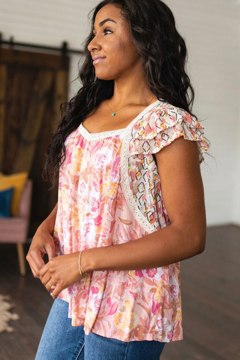 Not So Serious Pink Floral Short Sleeve Blouse