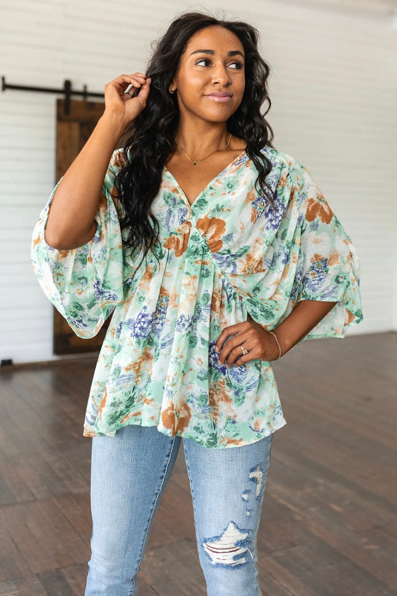 Floral Fable Sage Dolman Sleeve Draped Tunic Top