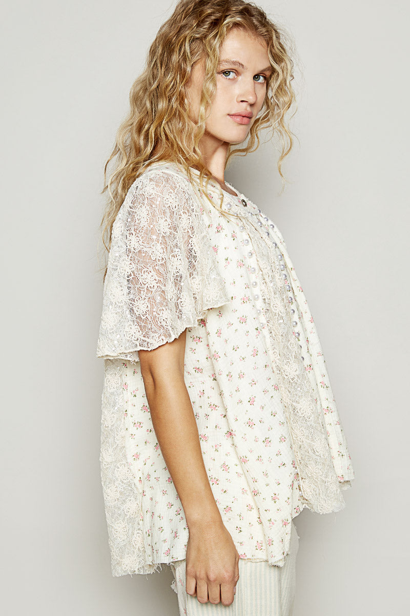 Garden Party Floral Lace Ruffle Sleeve Top with Pearls (2 Colors)