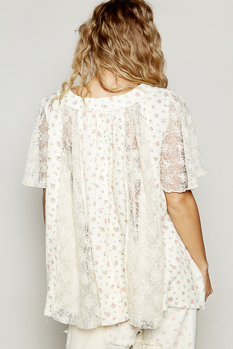 Garden Party Floral Lace Ruffle Sleeve Top with Pearls (2 Colors)