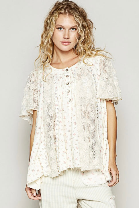 Garden Party Floral Lace Ruffle Sleeve Top with Pearls (2 Colors)