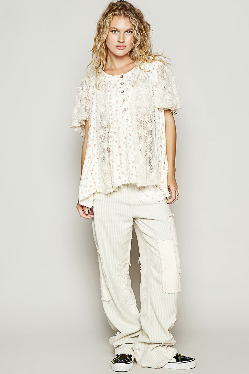 Garden Party Floral Lace Ruffle Sleeve Top with Pearls (2 Colors)