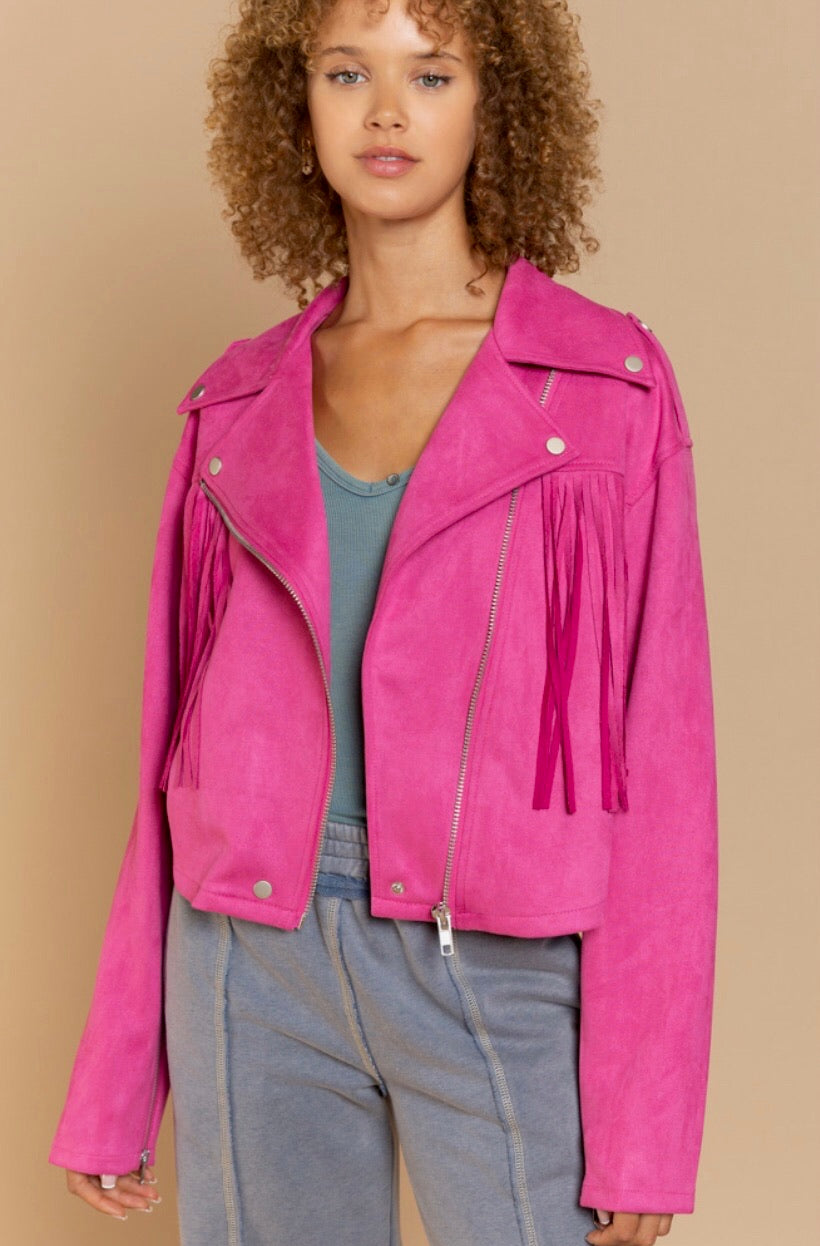 90210 Hot Pink Retro Vegan Suede Moto Jacket with Fringe