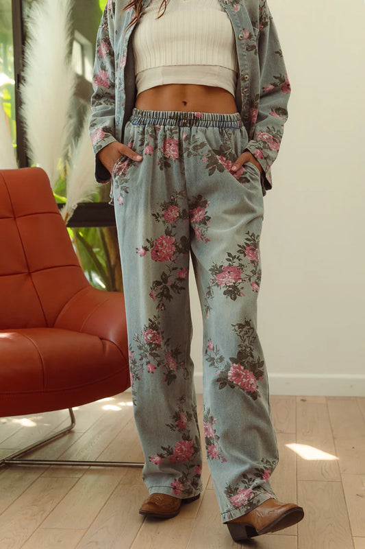 So Charming Flower Printed Denim Pull On Pants