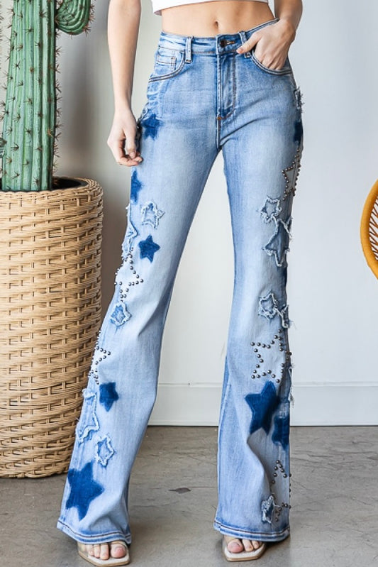 Super Star Studded High Rise Denim Flare Jeans