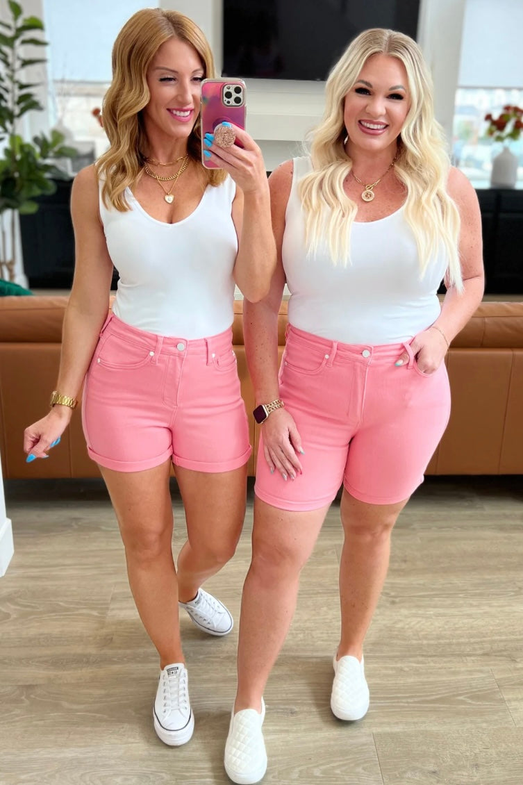 Pink Color Pop High Rise Control Top Cuffed Denim Shorts