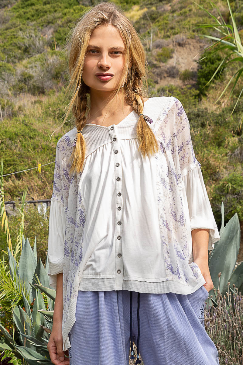 Enchanted Lilacs Button Down Jersey Knit Hoodie Top