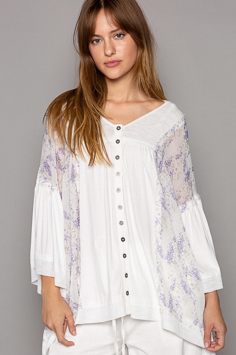 Enchanted Lilacs Button Down Jersey Knit Hoodie Top