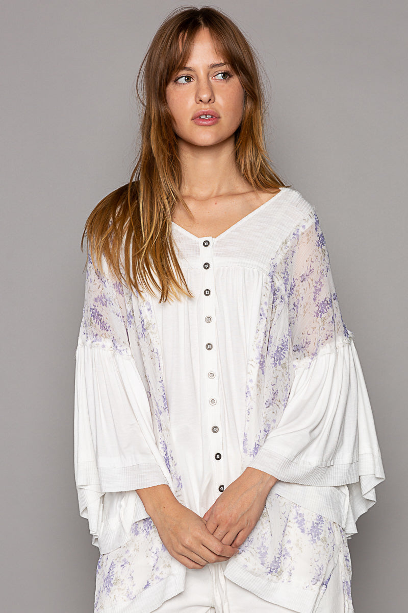 Enchanted Lilacs Button Down Jersey Knit Hoodie Top