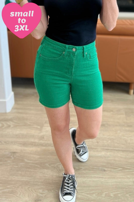 Green Color Pop High Rise Control Top Cuffed Denim Shorts