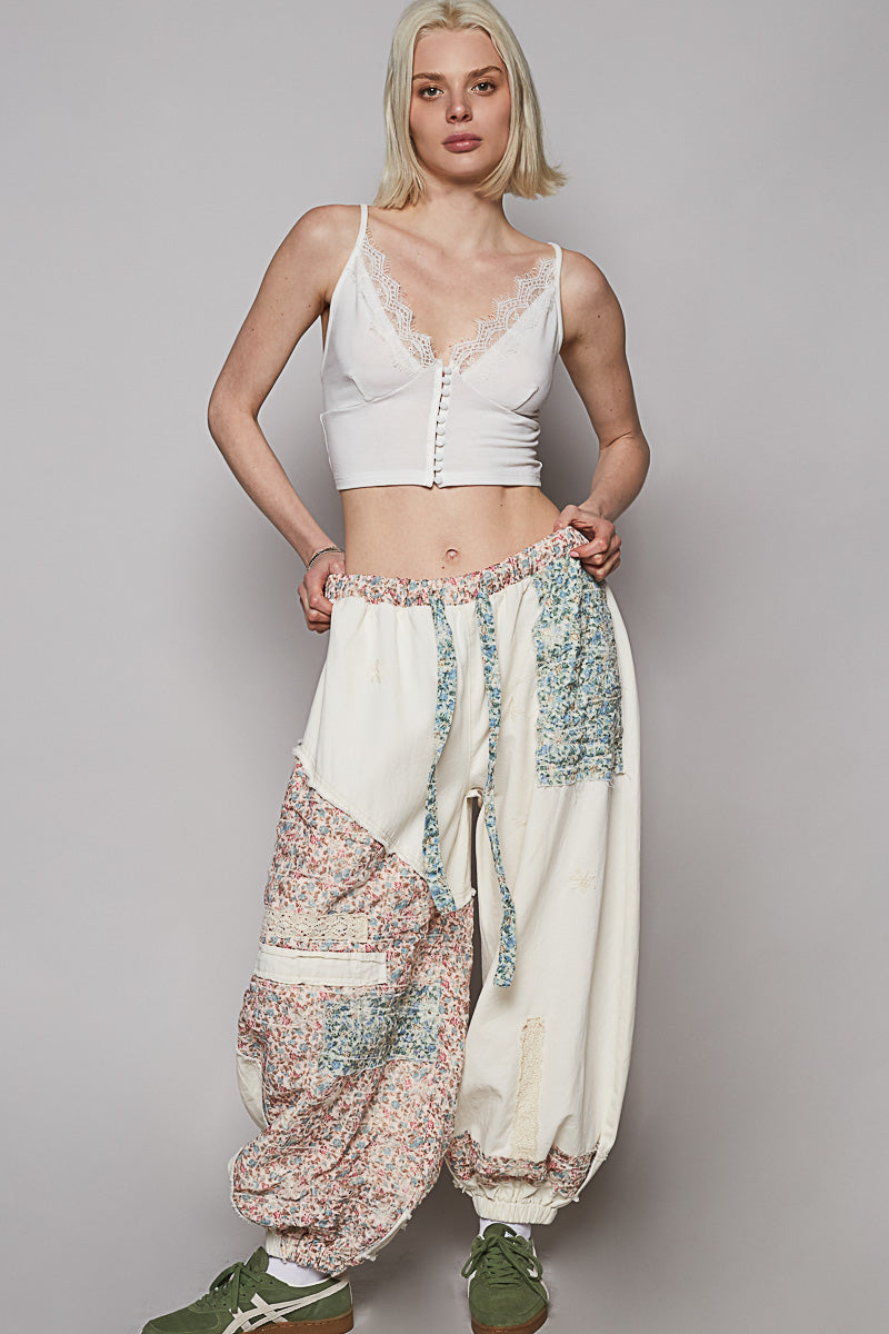 End Game Floral Embroidered Eyelet Patched Denim Joggers