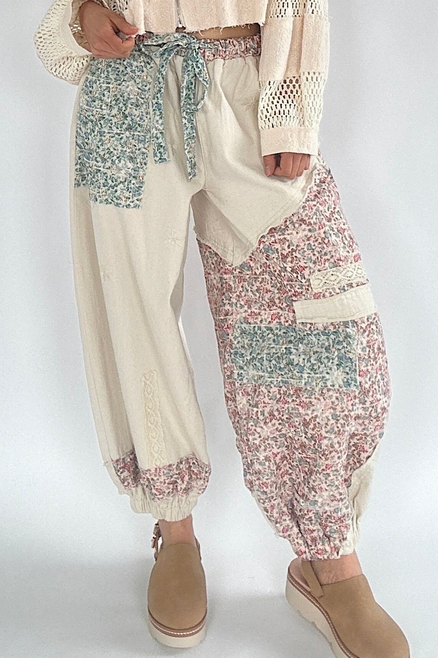 End Game Floral Embroidered Eyelet Patched Denim Joggers